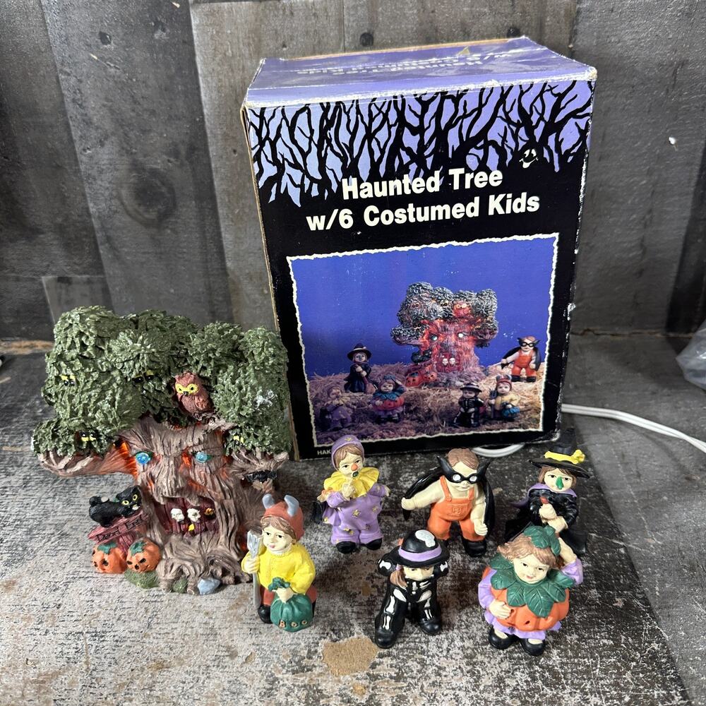 Halloween Ceramic Haunted Tree & 6 Costumed Kids - W Light Decoration Town